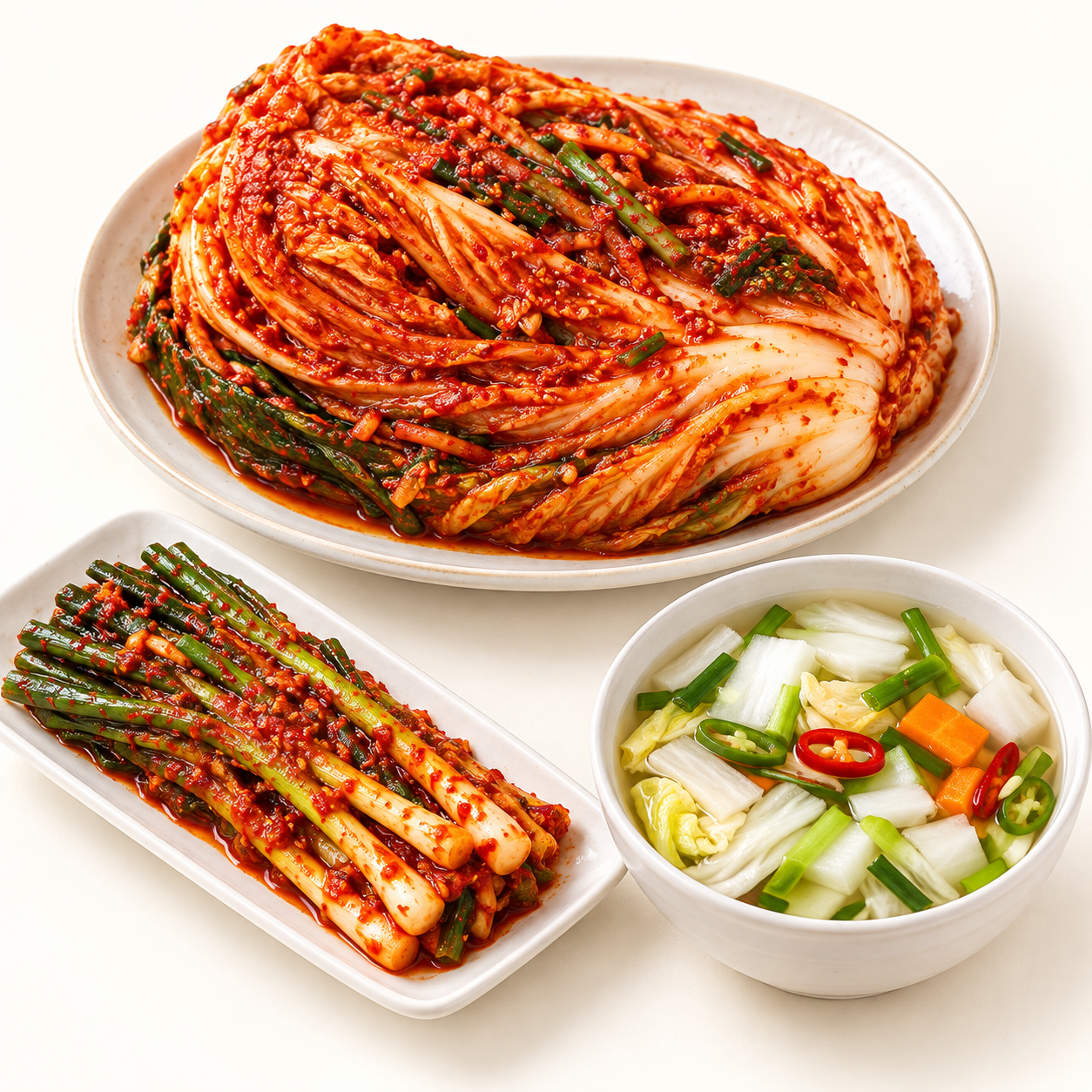 포기김치, 파김치, 백나박김치 세 가지를 담은 메인 연출 이미지